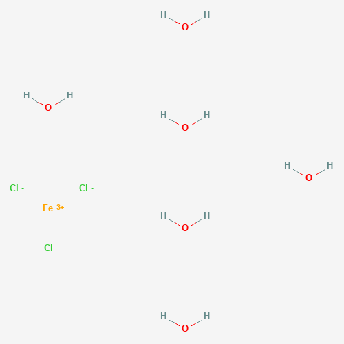 Chlorek żelaza(III) sześciowodny 500 g — struktura chemiczna 2D (CAS 10025-77-1, wzór Cl3FeH12O6, masa 270.29 g/mol)